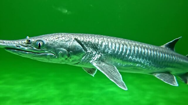 A detailed close-up shot of an alligator gar swimming in murky green freshwater.