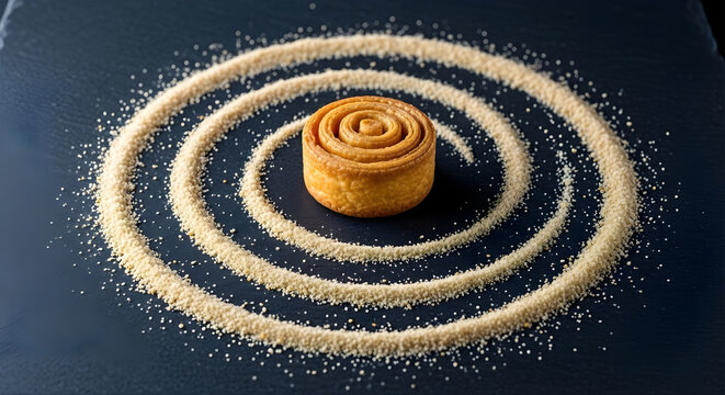 Cinnamon Roll Surrounded by Spiral Sugar Pattern on Dark Background