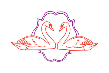 Elegant swans facing each other hand drawn line art style. Vector vintage decorative ornamental frame doodle illustration, for wedding invitations, love themed branding