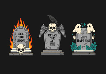 Obraz premium Funny Gothic Tombstones Illustration with Sarcastic Quotes, Skulls, and Ghosts - Set of 3 Macabre Gravestone Designs for Halloween and Dark Humor