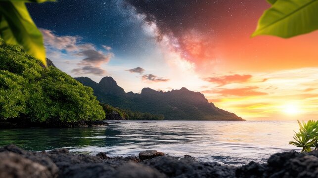 Majestic mountains meet the cosmos: A tranquil tropical island paradise view