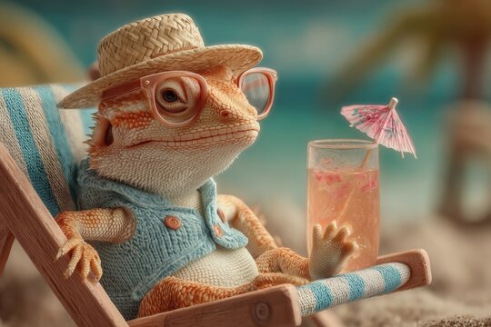 Chameleon in straw hat and glasses relax on beach with drink