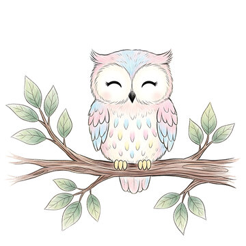 Cute cartoon owl perched on a tree branch with colorful feathers and closed eyes.