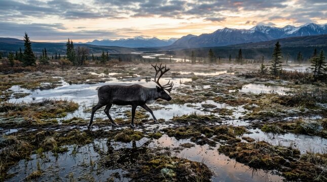 Caribou crossing a thawing northern wetland at sunset, evoking climate driven range instability, altered forage grounds, and the cumulative strain of habitat change on migratory wildlife