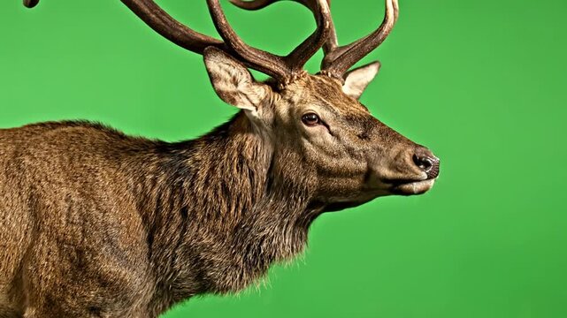 Close-up profile shot of a majestic red deer stag with large antlers against a vibrant green background.