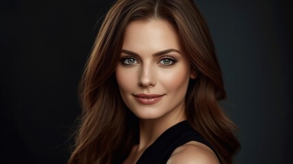 Fototapeta premium Close-up portrait of a confident woman with long brown hair, striking eyes, and subtle makeup against a dark background.