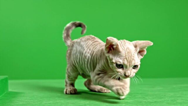 A small light-colored Devon Rex kitten with short fur walks on a vibrant green surface against a solid green background in a studio setting.
