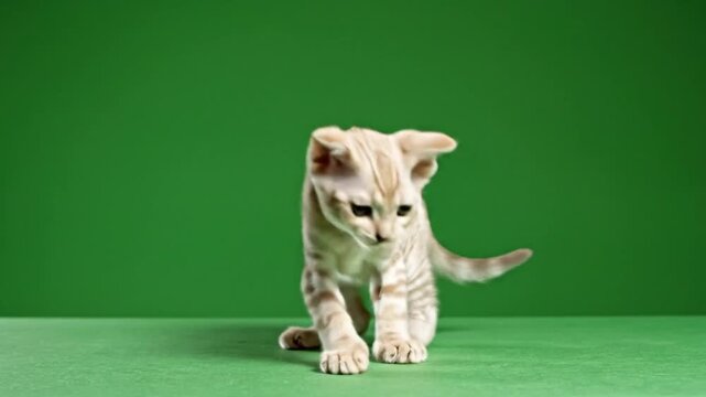 A small, light-colored kitten with striped fur stands on a vibrant green surface, looking down with a curious expression.