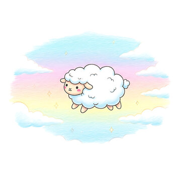 Cute cartoon sheep floating in the sky with fluffy clouds and a rainbow background.