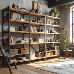 Fototapeta premium A cozy room with a large bookshelf and various decorative items
