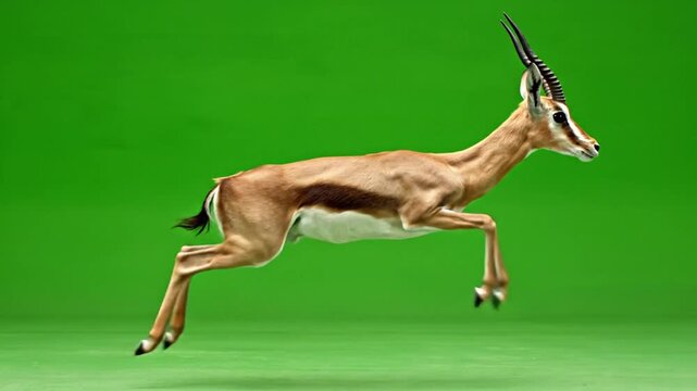 A graceful gazelle captured mid-air, leaping with elegance against a vibrant green background.