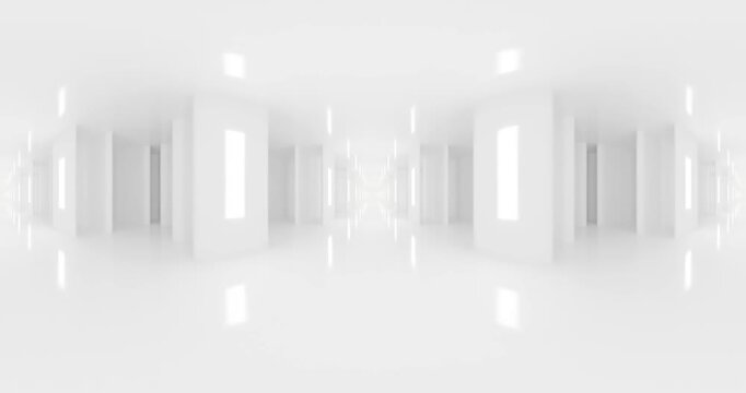 Minimal white futuristic corridor with symmetrical lights looping 360 vr animation video