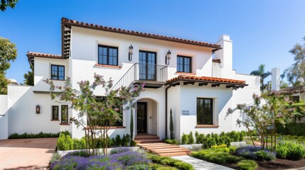 Fototapeta premium Charming modern villa with elegant architecture and lush landscaping in bright sunlight, showcasing a stunning outdoor area