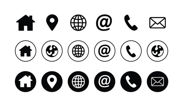 Set of essential contact icons: house, map pin, globe, email, phone, and envelope in various styles.