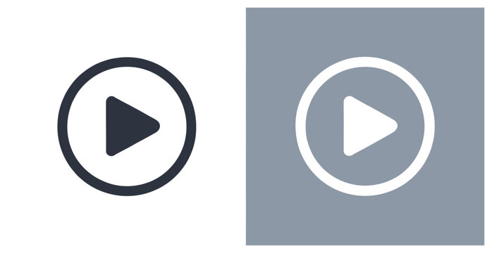 Two play button icons, one solid dark blue and one white, within circles on white and grey backgrounds.