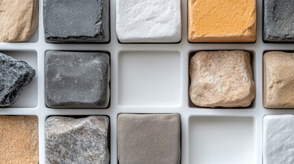 Fototapeta premium Assortment of Natural Stone Samples Displayed in a Grid, Architectural Reference