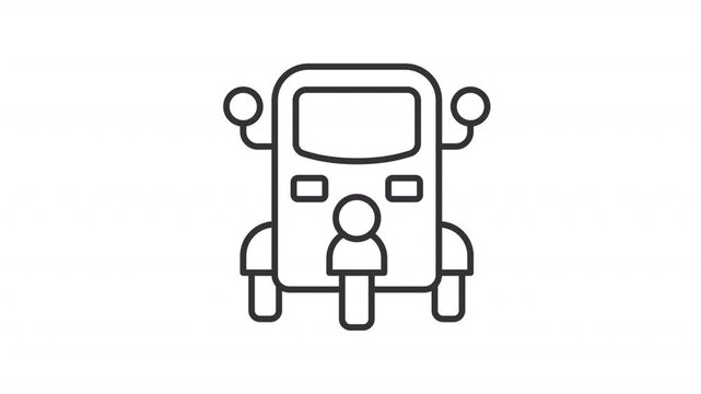 Animated tuk tuk line icon. Auto rickshaw animation. Public transport in Southeast Asia. Taxi service. Transportation. Outline element on white background. HD video with alpha channel