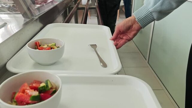 Self-service cafeteria line with fresh vegetable salad and juice on white trays in a dining hall.