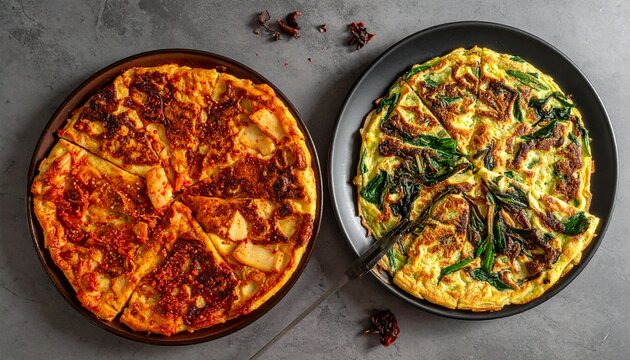 Delicious Spanish Tortilla and Vegetable Frittata presented top down on a dark surface with sliced pieces removed