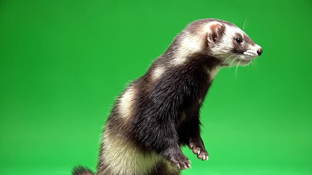 A ferret with dark and light fur stands on its hind legs against a vibrant green screen background.
