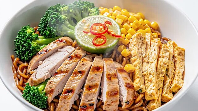 Sliced chicken noodles bowl.