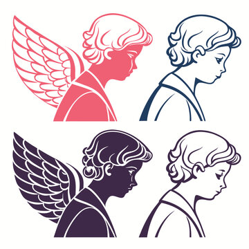 A vector illustration set of an angel and devil profile silhouette showing a woman and man face outline with a heart icon for a couple in love