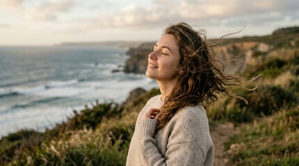 Fototapeta premium Woman feeling ocean breeze eyes closed 