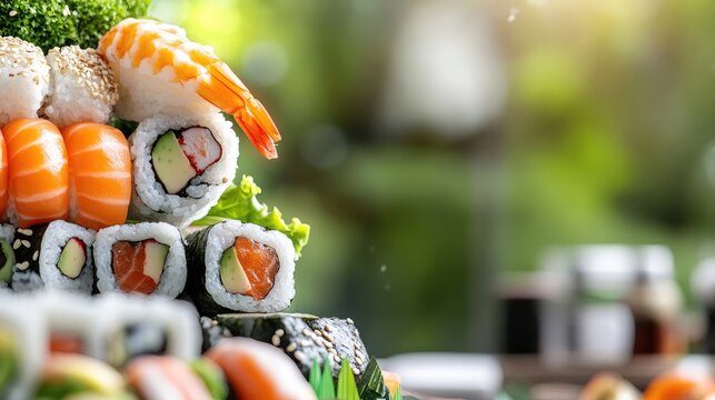 Exquisite sushi arrangement showcasing vibrant colors and textures in focus