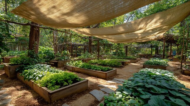 Vegetable garden with protective shade netting covering rows of thriving green plants in organized agricultural layout.
