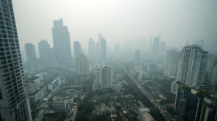Obraz premium Unhealthy air pollution in Bangkok city business district, pollute with PM 2.5 dust, smog or haze, low visibility