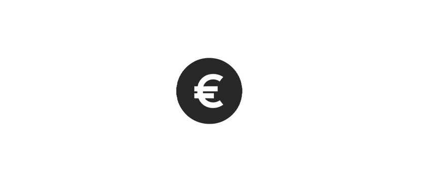 Minimalist white Euro currency symbol inside a solid black circle isolated on a white background for financial and banking graphic design projects.