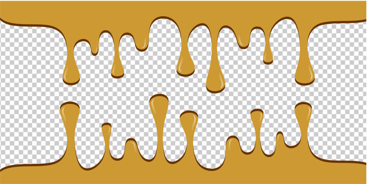 Hot chocolate drip illustration. Melting chocolate on transparent background. Drippy ice cream vector design. Wavy choco melt border. Brown chocolate drips illustration.