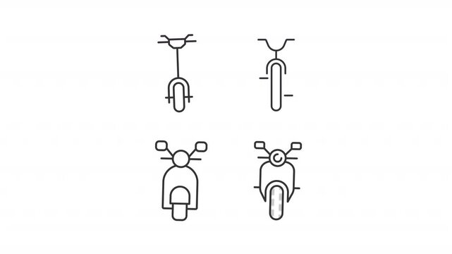 Animated two wheeled vehicles line icons. Extreme and active leisure animation set. Moto sport equipment. Riding safely. Outline elements on white background. HD video with alpha channel