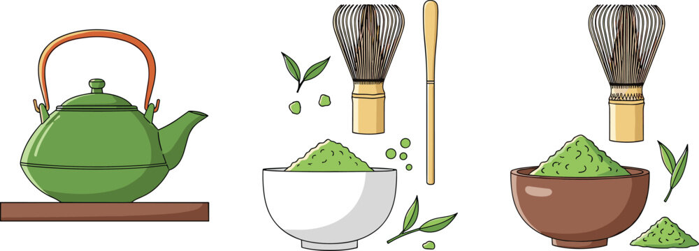 Matcha Tea Elements Set with Teapot Bamboo Whisk Green Powder Bowl and Traditional Japanese Beverage Accessories Flat Vector Illustration Collection