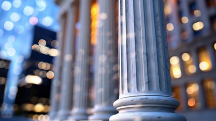 Obraz premium Picturesque Marble Column with Urban Background Illuminated by Soft Lights at Dusk