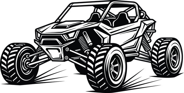 Black and white illustration of a rugged offroad buggy.