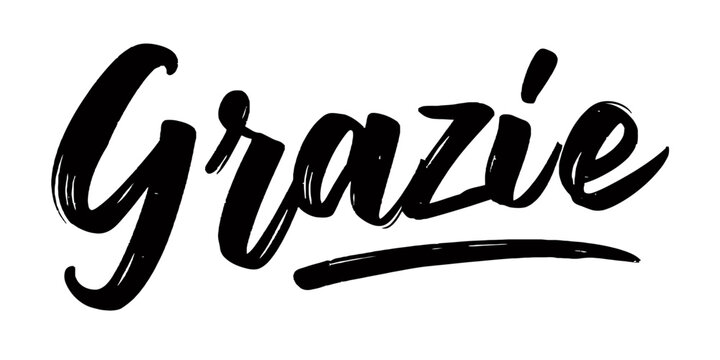 Hand-drawn Italian word Grazie written in black brush calligraphy script on a white background, symbolizing gratitude and appreciation.