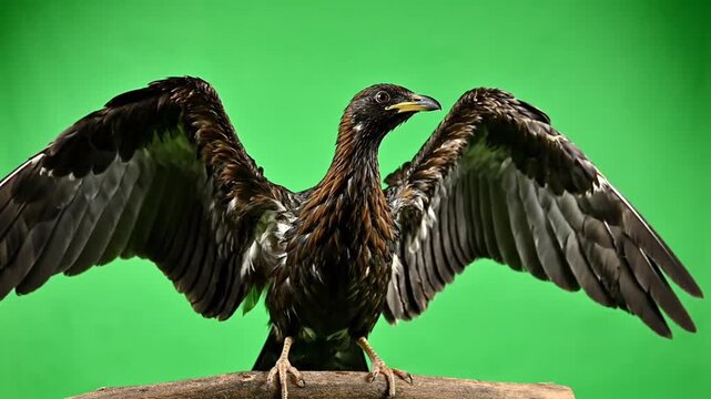 A dark-feathered bird with its wings spread wide, standing on a wooden perch against a vibrant green background.