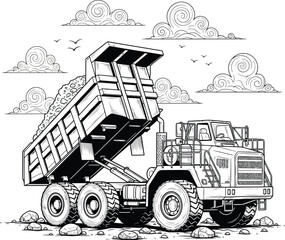 Black and white line art illustration of a heavy duty mining dump truck. © Vhya