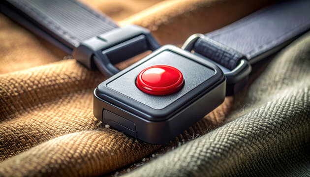 Emergency alert button device for elderly safety, aging population healthcare concept, senior assistance technology, fall detection support and independent living protection.