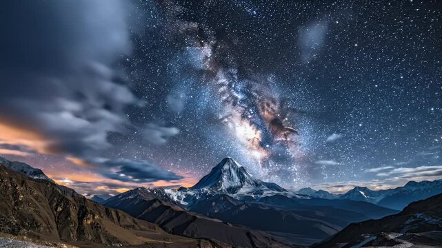 A breathtaking long-exposure photograph captures the Milky Way galaxy arching over a majestic snow-capped mountain range under a vibrant, star-filled night sky.