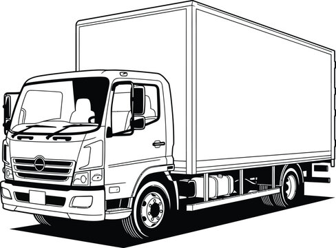 Black and white line art illustration of a medium duty box truck.
