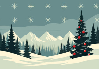 Obraz premium Vintage Style Winter Landscape Illustration with Decorated Christmas Tree, Snowy Pine Forest, and Mountains under Starry Sky