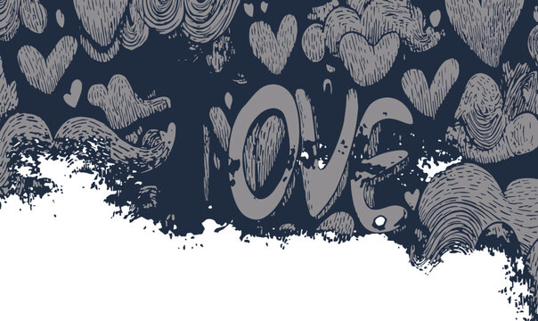 Urban street art illustration with sketchy gray hearts and the word love over a dark blue background with decorative white grunge border.