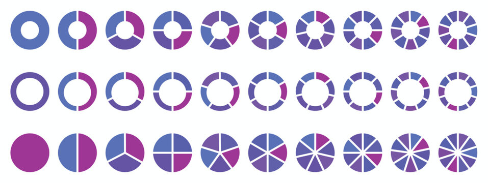 Circle pie chart. 2,3,4,5,6,7,8,9,10,11,12 sections or steps. Flat process cycle. Progress sectors