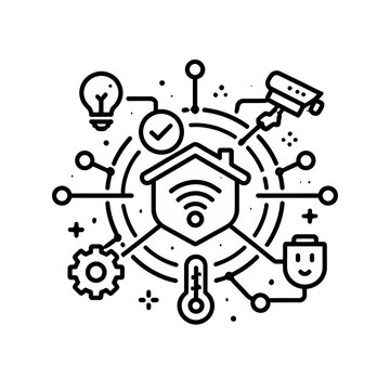 Smart home technology icons connected around a house symbol with Wi-Fi connectivity illustrating interconnected devices for modern living and automation