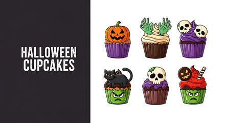 Fototapeta premium Halloween cupcakes with spooky decorations and text