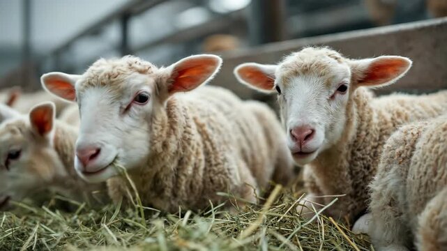 Three young lambs lying down in hay and eating.