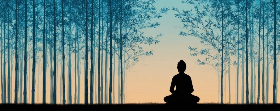 buddha silhouette meditation bamboo forest sunset peaceful nature spiritual calm mindfulness serenity concept