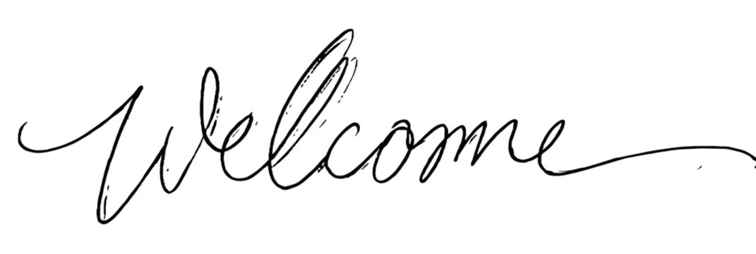Elegant handwritten cursive script of the word Welcome in black ink on a white background, perfect for greeting cards and website banners.